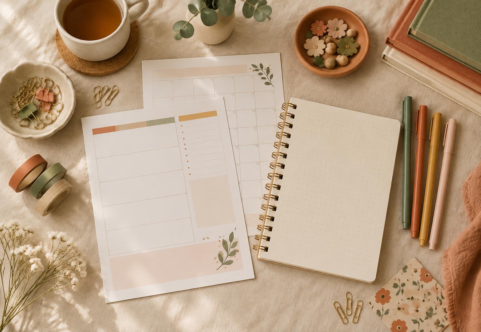 A desk with printed planner pages, a notebook and pens